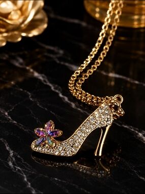 High Heel Shoe Necklace Gold Tone Crystal Flower Pendant 24 Inch